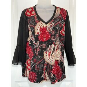 Susan Graver Womens Black Paisley Print V Neck 3/4 Sleeve Top Medium Blouse Work